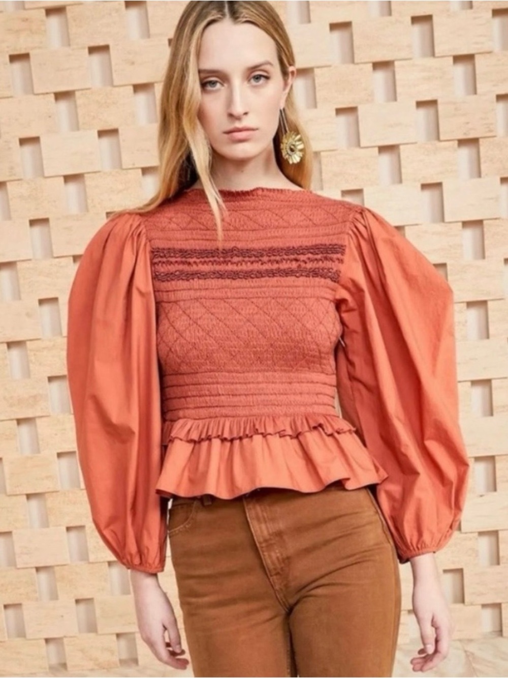 Ulla Johnson Amelia Smocked Puff Sleeve Ruffle Blouse Size 8